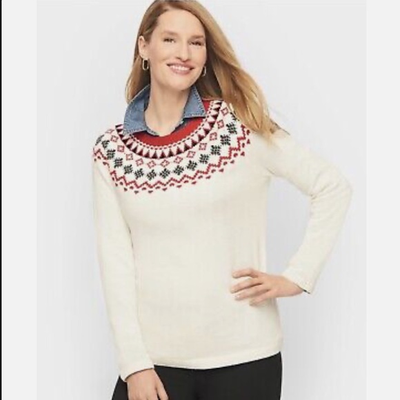 Talbots Nordic Fair Isle Yoke Soft Crewneck Sweater Cream Red Holiday Style SP - Picture 7 of 7